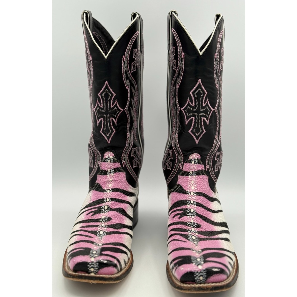 Women's Nocona Black Zebra Print Leather Cowboy Boots - Size B Bottom 11 1/2"